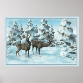 Two Deers en een Snowman Poster