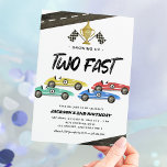 Two Fast Race Car 2nd Birthday  Invitation<br><div class="desc">Boys racing 2nd birthday invitations featuring a simple white background,  4 watercolor race cars,  roads,  checkered flags,  a trophy,  and a kids birthday celebration template that is easy to customize.</div>
