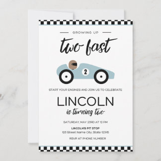 Two Fast Race Car Birthday Invitation Kaart