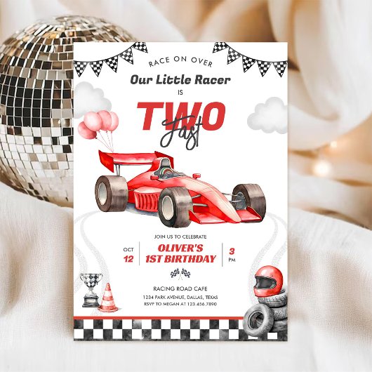 Two Fast Race Car Boy 2nd Birthday Invitation