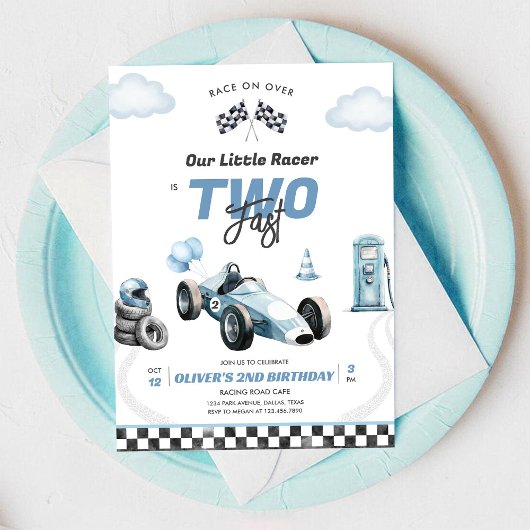Two Fast Race Car Boy 2nd Birthday Invitation