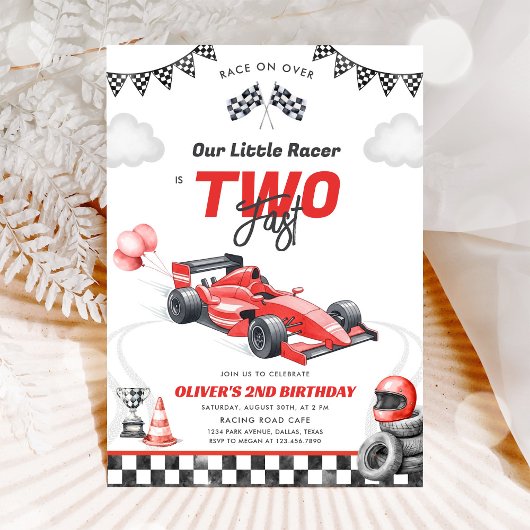 Two Fast Race Car Boy 2nd Birthday Invitation