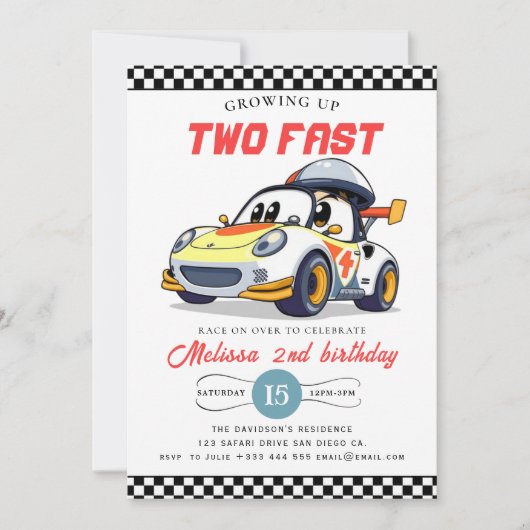 Two Fast Race Car Boy 2nd Birthday Party Invitatio Kaart (Voorkant)