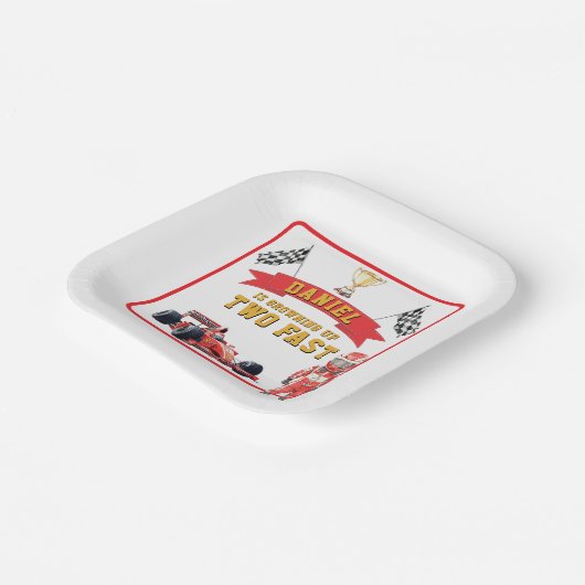 Two Fast Race Car Checkered Flag Birthday Papieren Bordje (Gebogen)