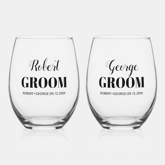 Two grooms names black typography gay wedding wijnglas zonder voet (Voorkant)