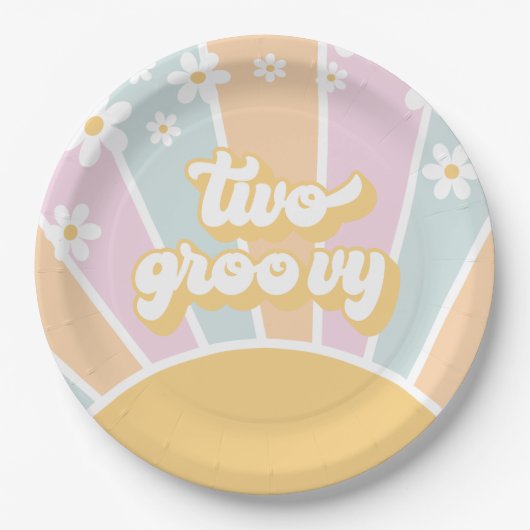 Two Groovy pastel Retro Sunshine daisy boho Papieren Bordje (Voorkant)