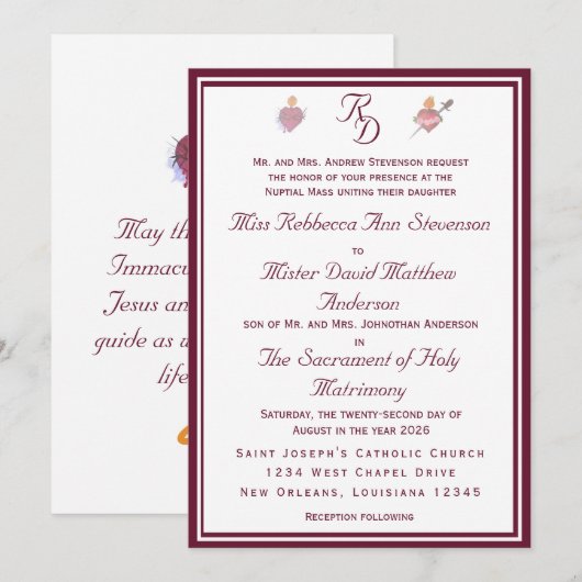 Two Hearts Burgundy Catholic Wedding Invitation (Devant / Derrière)