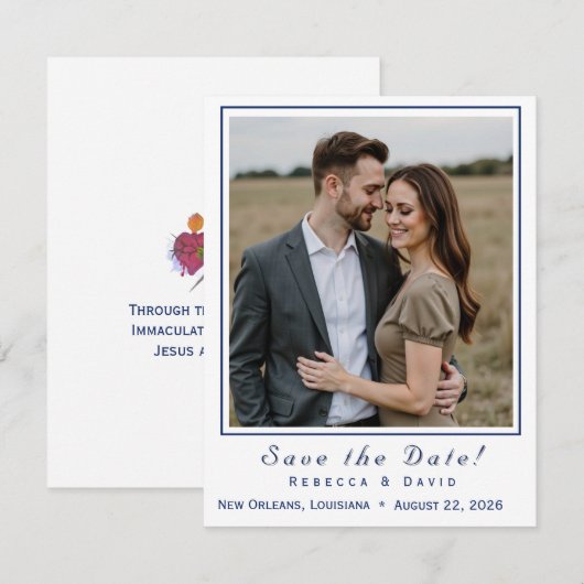 Two Hearts Catholic Flat Save The Date Card (Devant / Derrière)