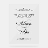Two Hearts Elegant Script Wedding Welkom Teken Acryl Bord (Voorkant)