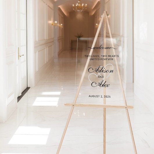 Two Hearts Elegant Script Wedding Welkom Teken Acryl Bord