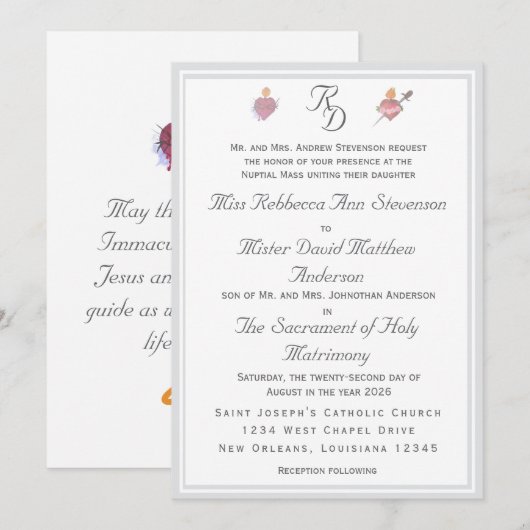 Two Hearts Silver Catholic Wedding Invitation Kaart (Voorkant / Achterkant)