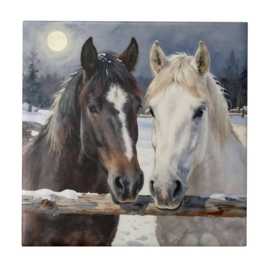 Two Horses on a Snowy Farm Under the Moon Tegeltje (Voorkant)