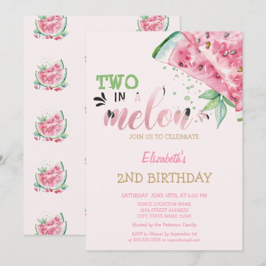 Two In A Melon Watermeloenen Roze 2de Verjaardag Kaart (Voorkant / Achterkant)