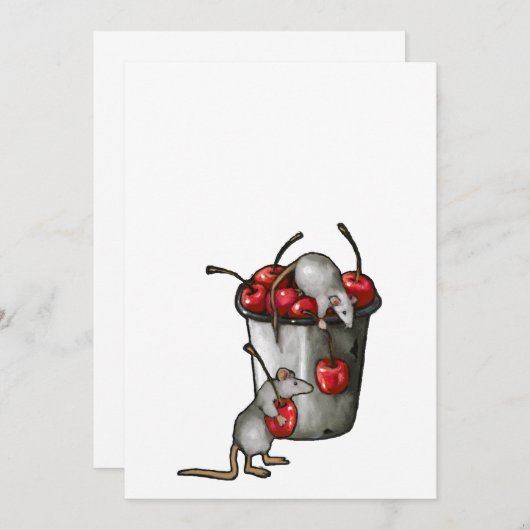 Two MICE Stealing Cherries, Bucket of Cherries Art Kaart (Voorkant / Achterkant)