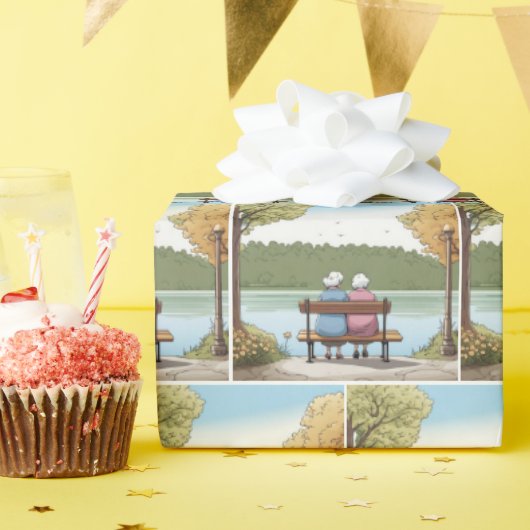 Two Old Ladies Sitting on a Bench Cadeaupapier (Verjaardagsfeest)