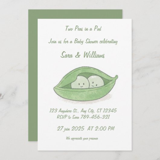 Two Peas In a Pod Twin Baby Shower Invitation (Devant / Derrière)