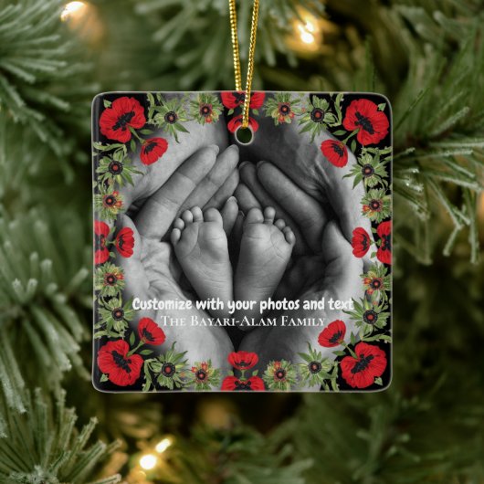 Two Photo Custom Text Red Poppies Free Palestine Keramisch Ornament (Boom)
