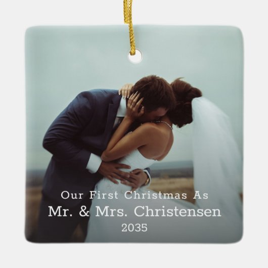 Two Photo Our First Christmas Married Mr. & Mrs. Keramisch Ornament (Voorkant)