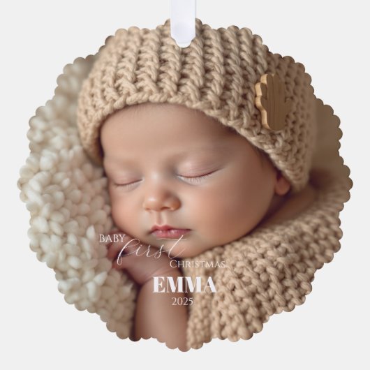 Two Photos Minimalist Baby First Christmas Ornament Kaart (Voorkant)