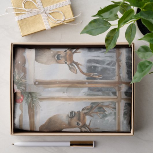 Two Pretty Winter Scenes of Deer in Window Panes Tissuepapier (Geschenk)