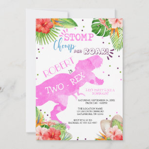 Two-Rex Dinosaur Birthday Invitation Girl Kaart