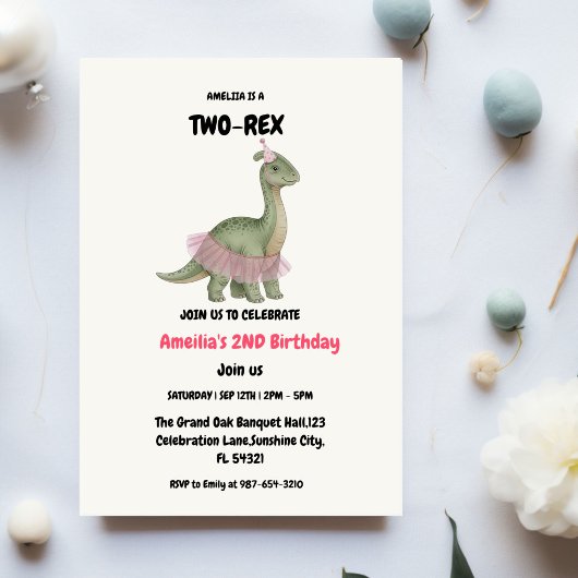 Two Rex Ready dinosaur, girl Second Birthday Party Kaart
