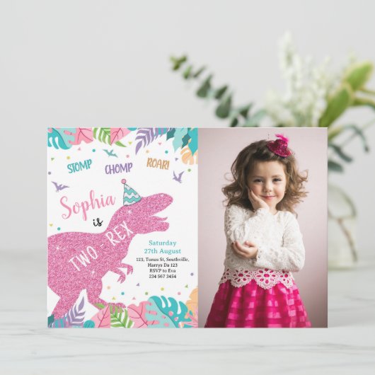 Two-Rex Roze Dinosaurus Meisje 2e Verjaardag Uitno Kaart (Staand voorkant)