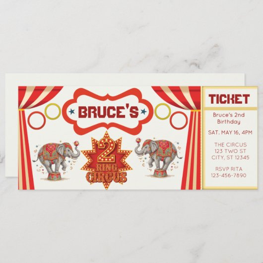 Two Ring Circus, 2nd Birthday Ticket Invitation (Devant / Derrière)