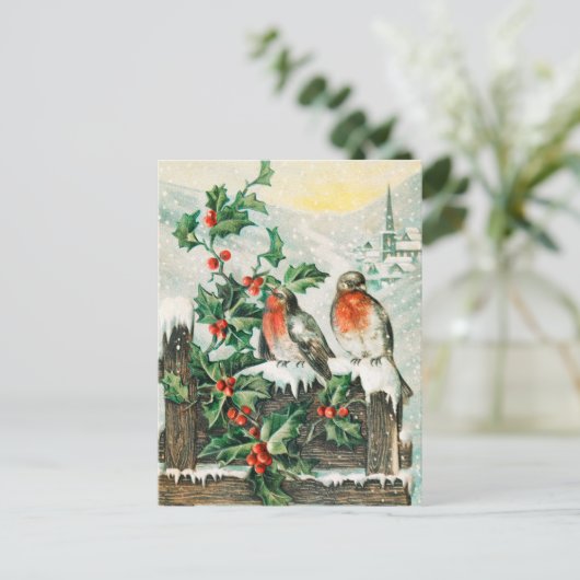 Two robins on a fence in the snow briefkaart (Staand voorkant)
