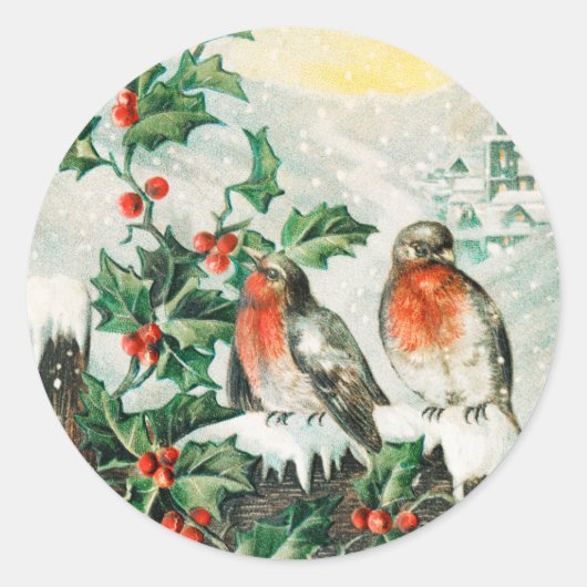 Two robins on a fence in the snow ronde sticker (Voorkant)