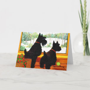 Two Scottie Dogs Waiting for Santa Claus Feestdagen Kaart