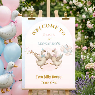 Two Silly Geese Boy & Girl Twins Birthday Welcome Poster