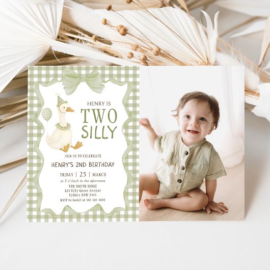 Two Silly Goose Gingham 2nd Birthday Invitation Kaart