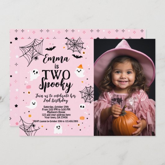 Two Spooky Pink Halloween Invite with Photo Kaart (Voorkant / Achterkant)