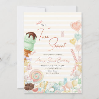 Two Sweet Birthday Invite Yellow Stripe Kaart