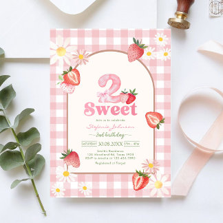 Two Sweet Strawberry 2nd Birthday Invitation Kaart
