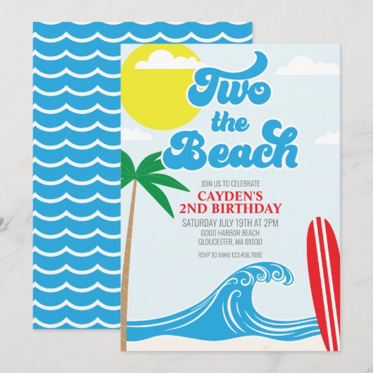 Two the Beach Surf Beach 2nd Birthday Invitation Kaart (Voorkant / Achterkant)