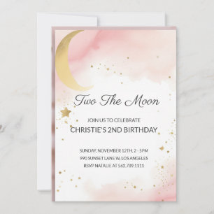 Two The Moon: 2e verjaardag uitnodiging roze, goud