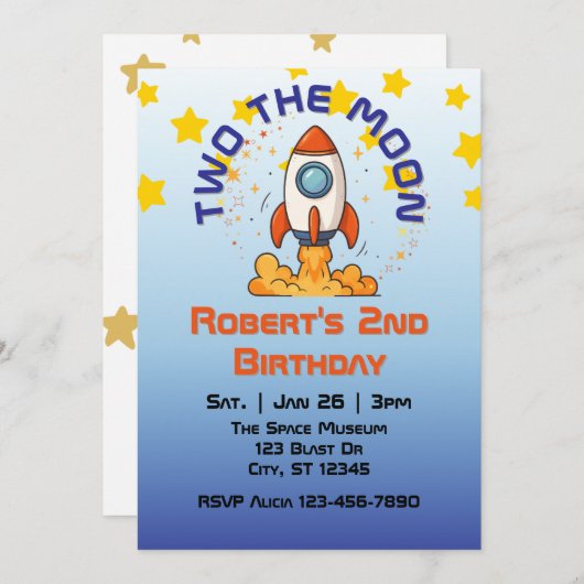 Two The Moon, Rocket 2nd Birthday Invitation (Devant / Derrière)
