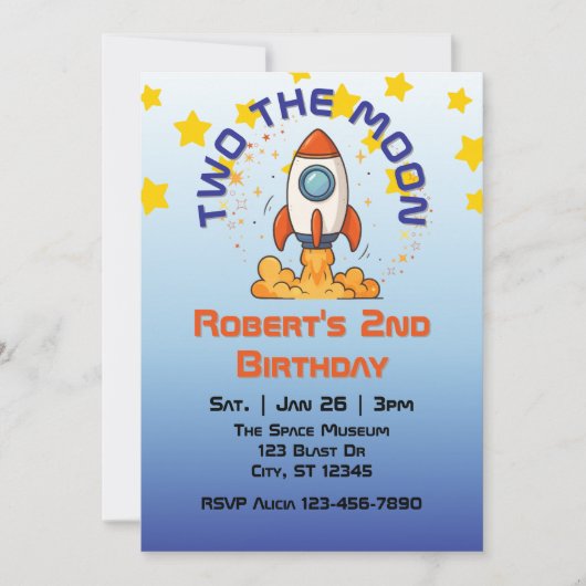 Two The Moon, Rocket 2nd Birthday Invitation Kaart (Voorkant)