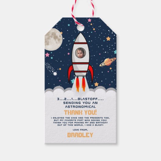 Two the Moon Rocket Ship 2e verjaardagsfeestfoto Cadeaulabel (Voorkant)