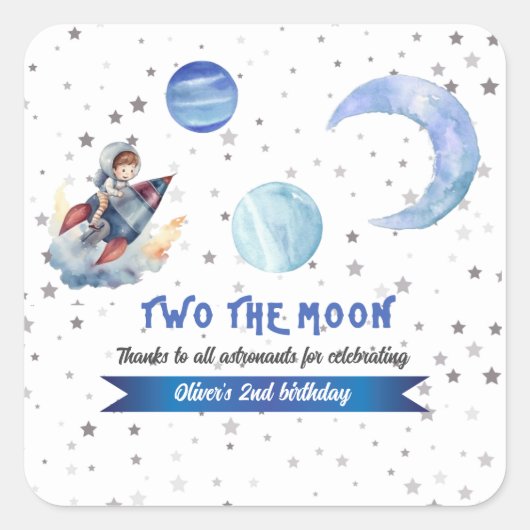 Two The Moon Rocket Space Blue Boy 2nd Birthday  Vierkante Sticker (Voorkant)