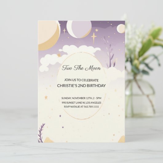 Two the Moon Tweede Verjaardag uitnodiging (Staand voorkant)