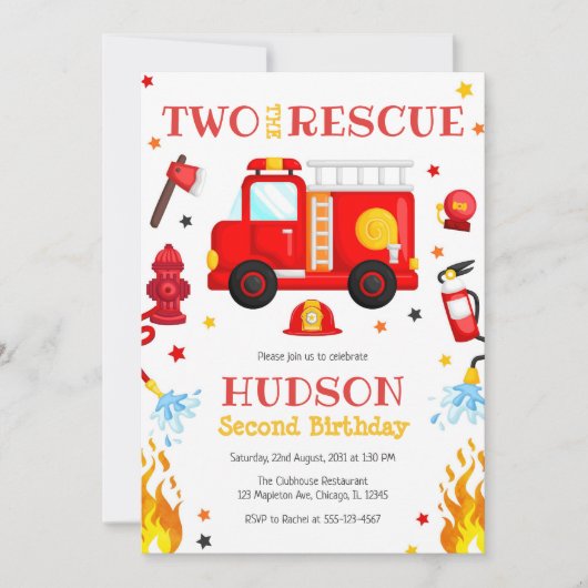 Two the Rescue Firetruck 2nd Birthday Invitation (Devant)
