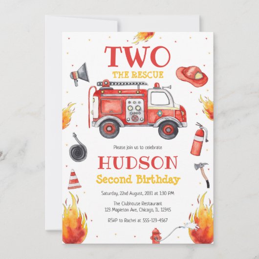 Two the Rescue Firetruck 2nd Birthday Invitation (Devant)