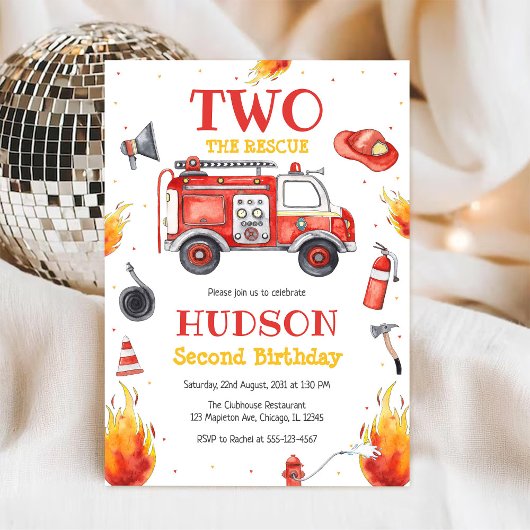 Two the Rescue Firetruck 2nd Birthday Invitation