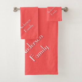 Two-Tone Coral Red Modern Custom Family Name Bad Handdoek