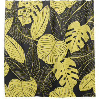 Two Tone Yellow Black Tropical Leaf Seamless Patte Douchegordijn