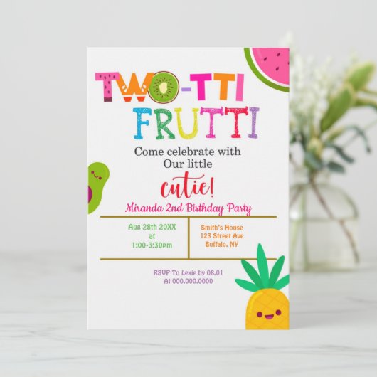 Two-tti Frutti 2nd Girl Birthday Party nodigt uit (Staand voorkant)