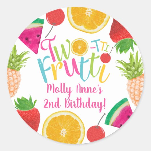 TWO-tti Frutti Tutti Frutti Meisje 2e Verjaardag Ronde Sticker (Voorkant)